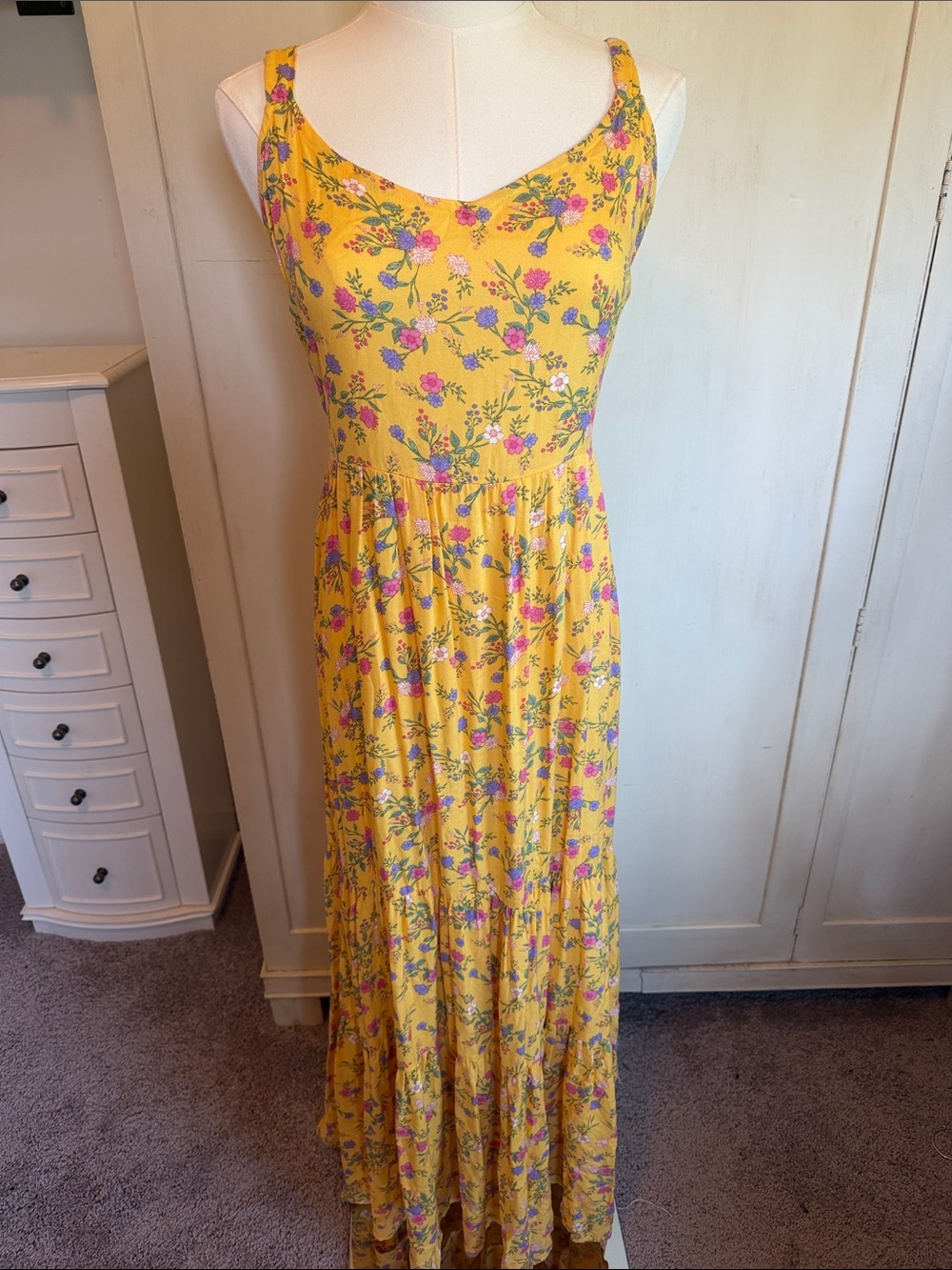 Yellow Floral Maxi Dress with Pink Accent Flowers